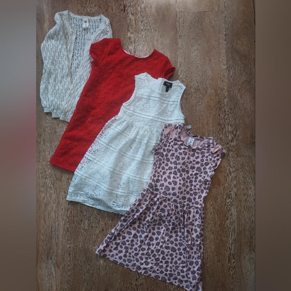 DRESS/CARDIGAN BUNDLE - Three Girl Dresses and Knit Button Cardigan size 5T/5